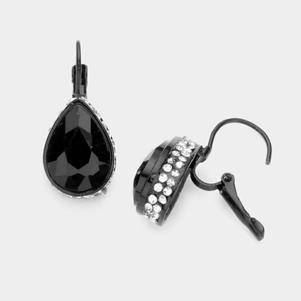 Rhinestone Jet Black Teardrop Stone Lever Back Evening Earrings
